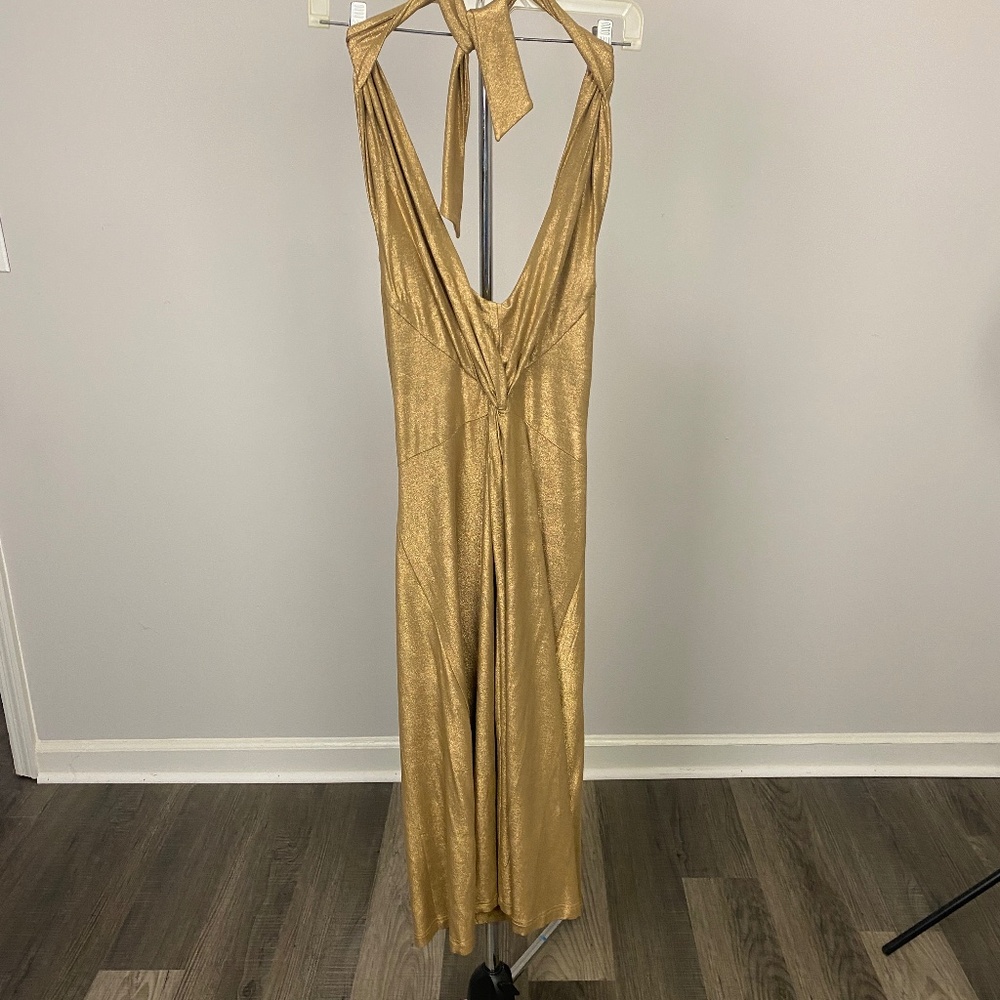 Gorgeous gold laminate backless dress with ties around neck